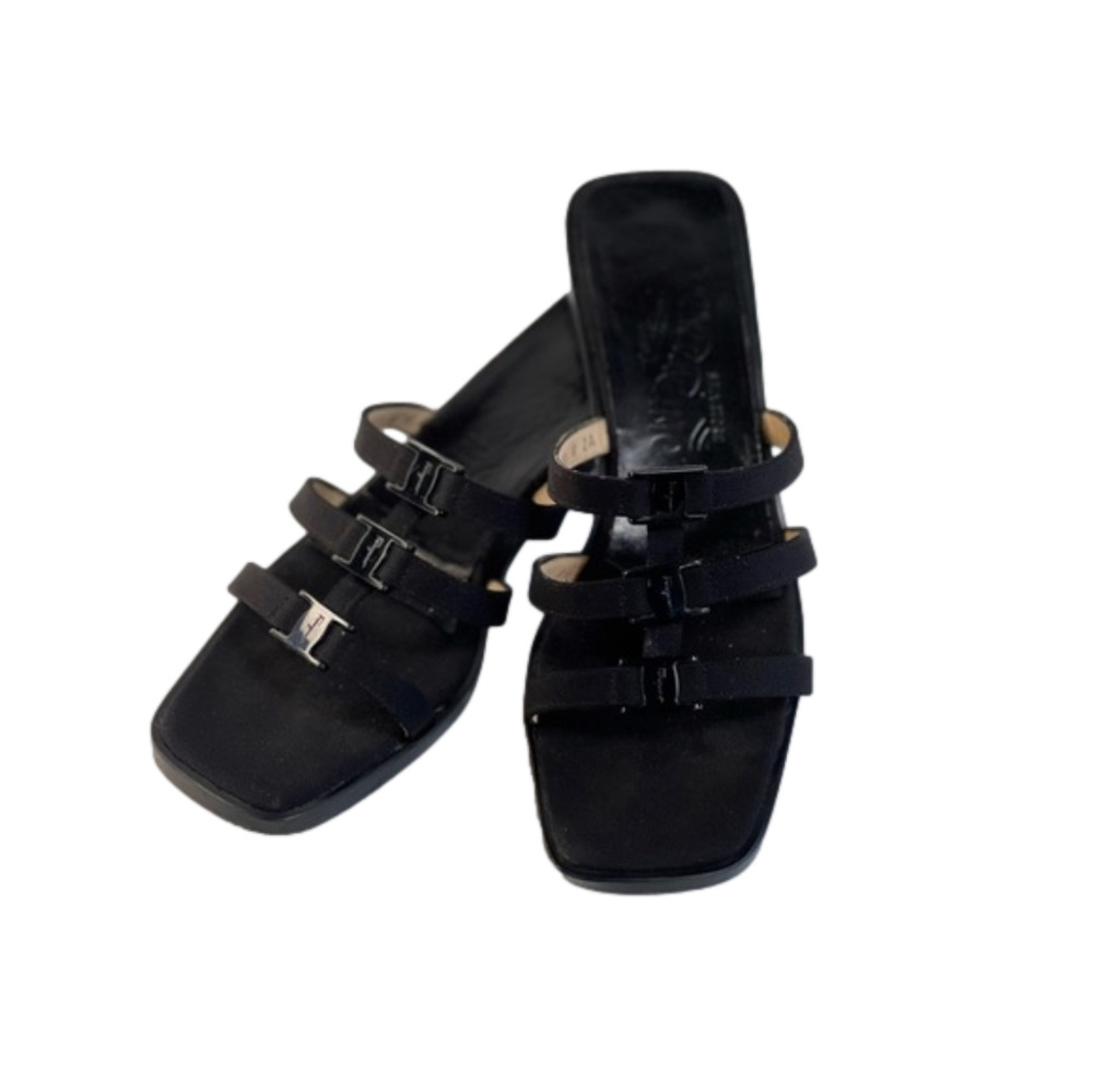 Black Triple Strap Salvatore Ferragamo Chunky Kitten Heels